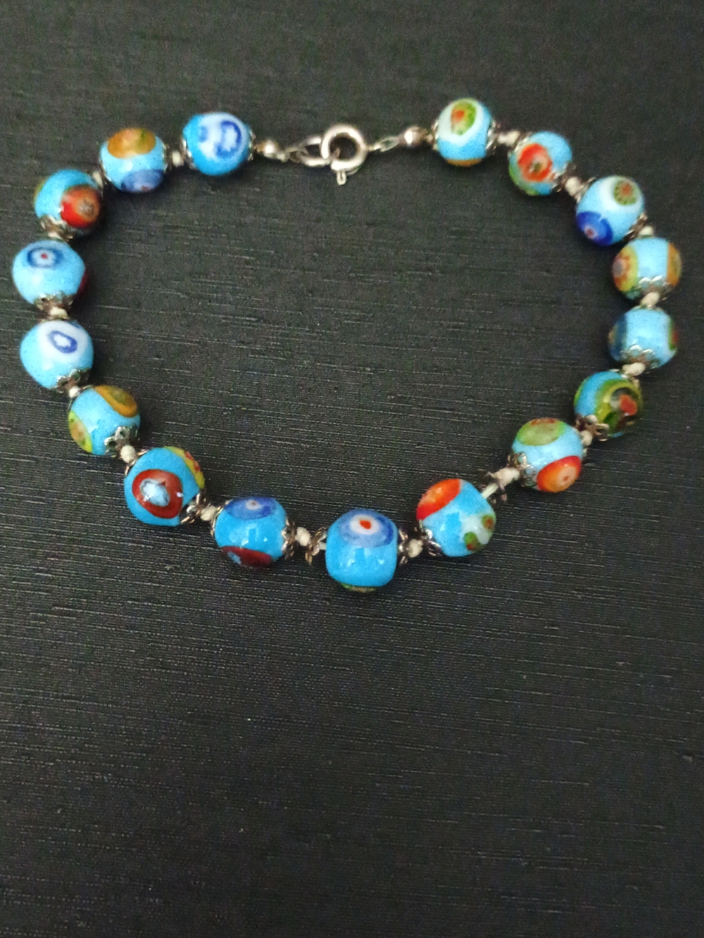 Vintage Turquoise Millefiori Glass Bead Bracelet 8"
